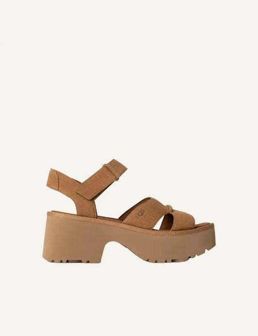 UGG New Heights ankle strap platform sandal suede chestnut side view