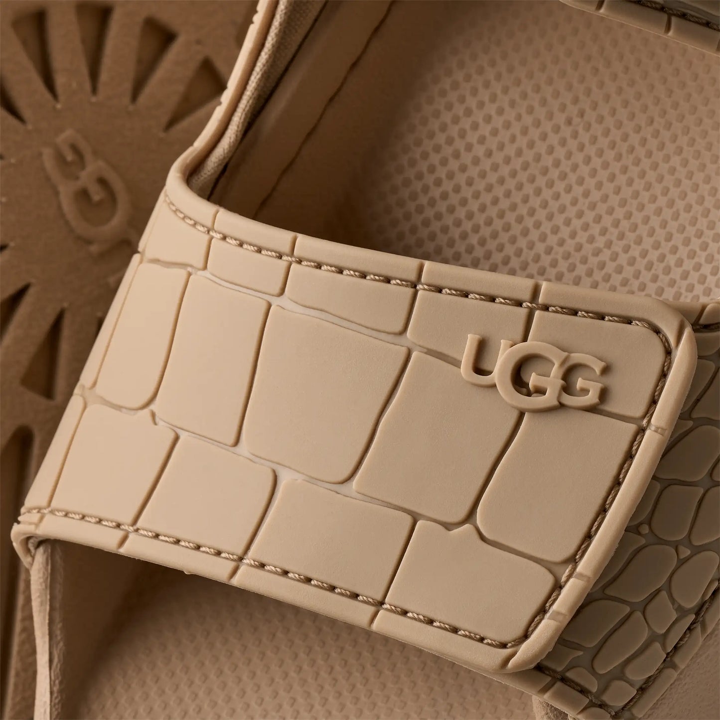 ugg platform sandal beige croco texture strap detail logo view