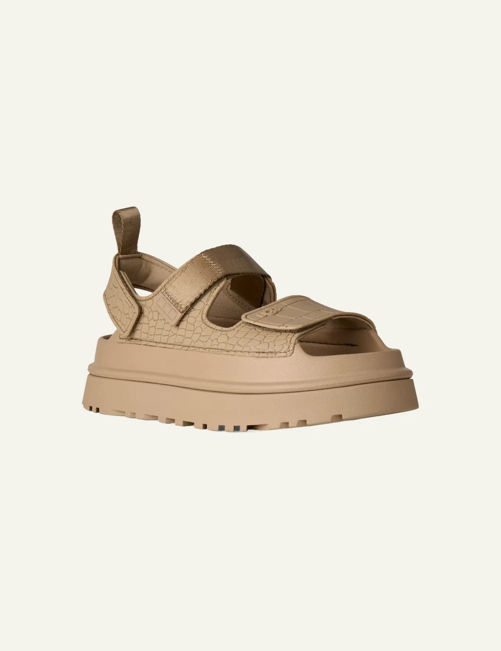 ugg platform sandal beige croco texture strap angled view