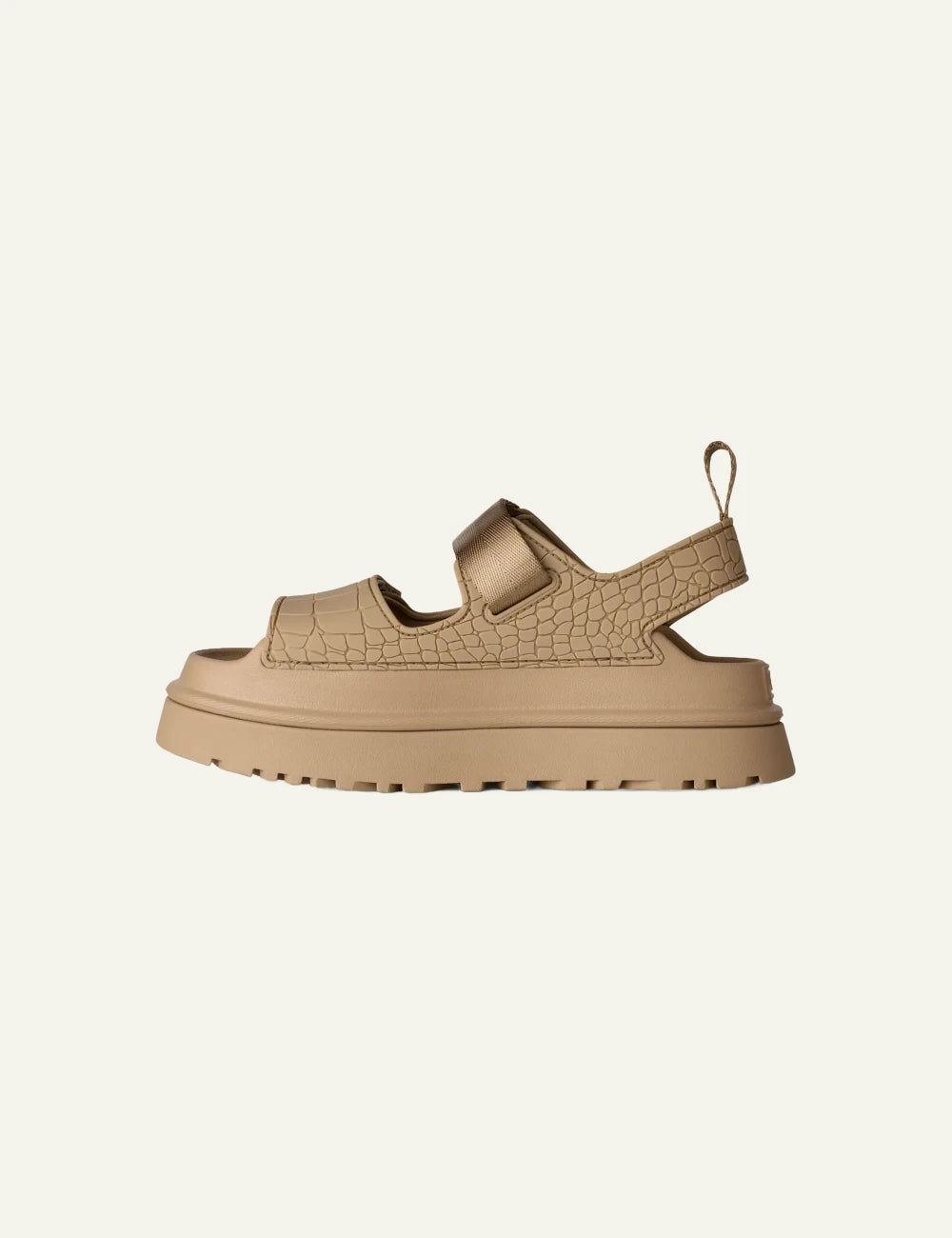 ugg platform sandal beige croco texture strap profile view