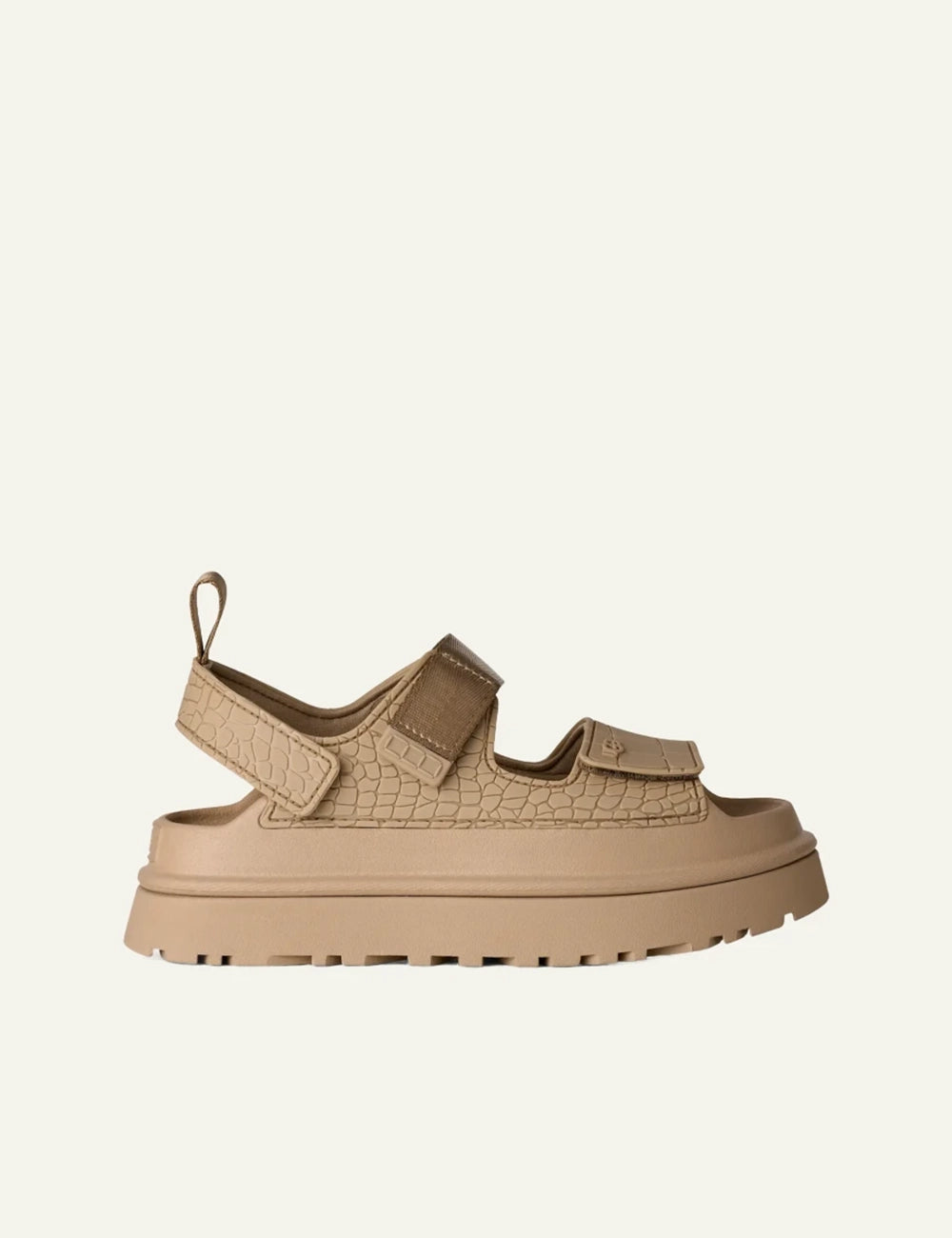 ugg platform sandal beige croco texture strap side view