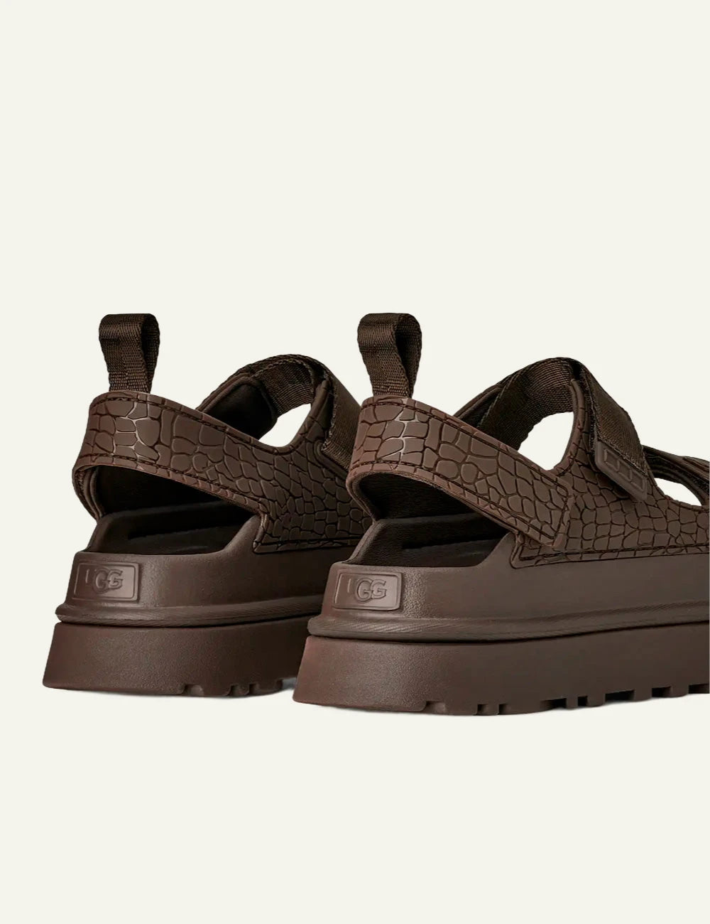 ugg platform sandal dark brown croco texture strap back view