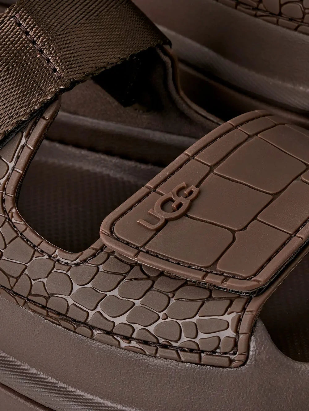 ugg platform sandal dark brown croco texture strap detail logo view