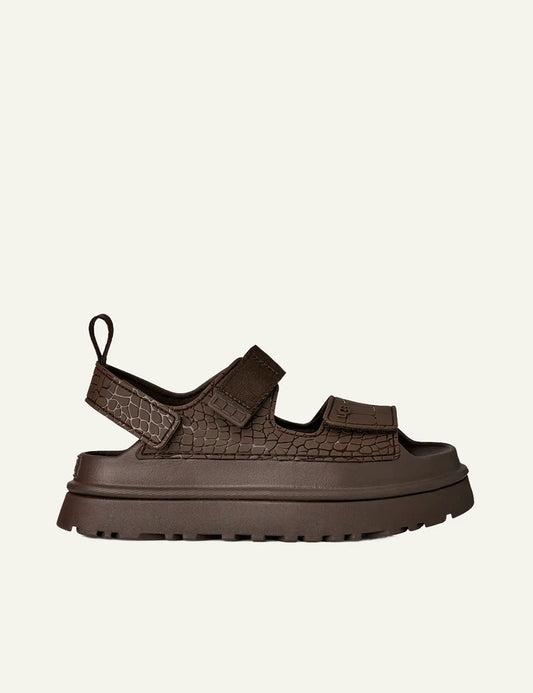 ugg platform sandal dark brown croco texture strap side view