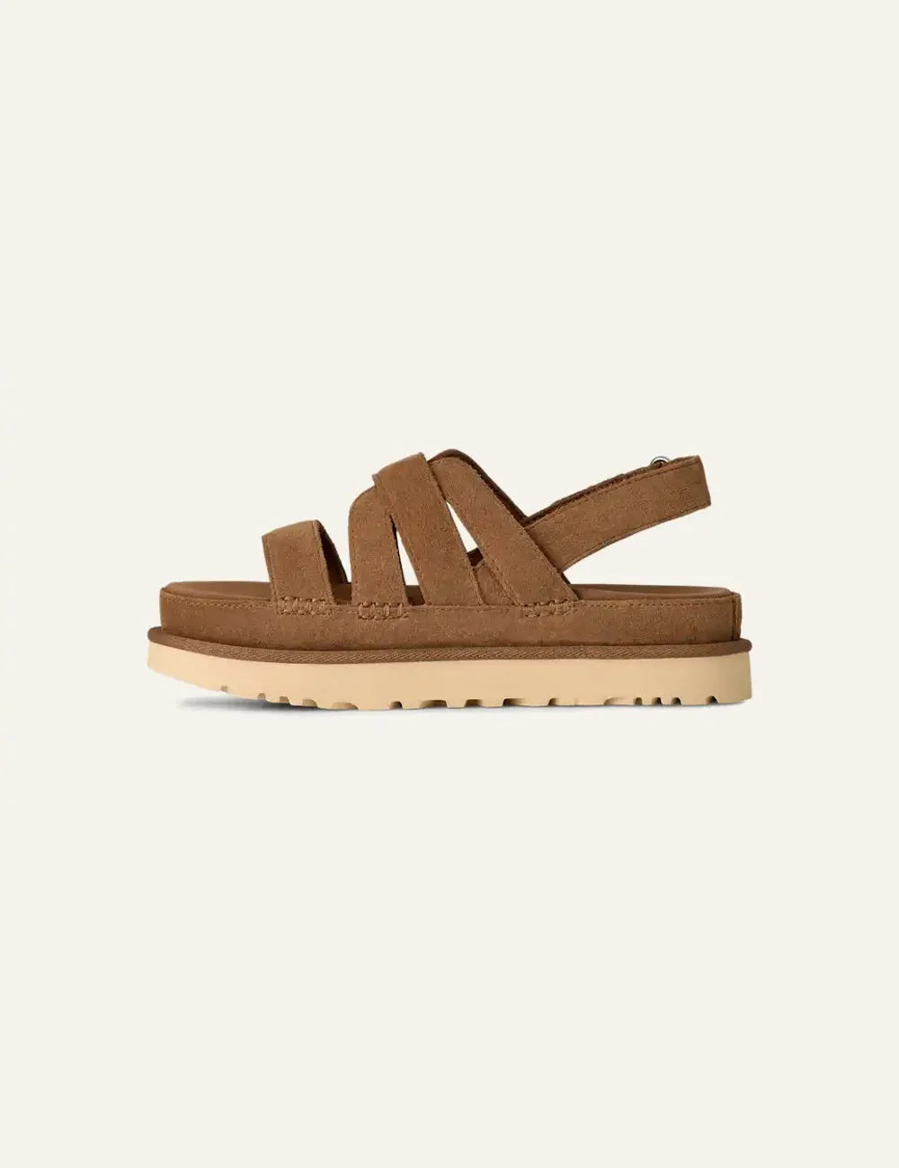 UGG strappy suede sandal chestnut platform sole side view 3