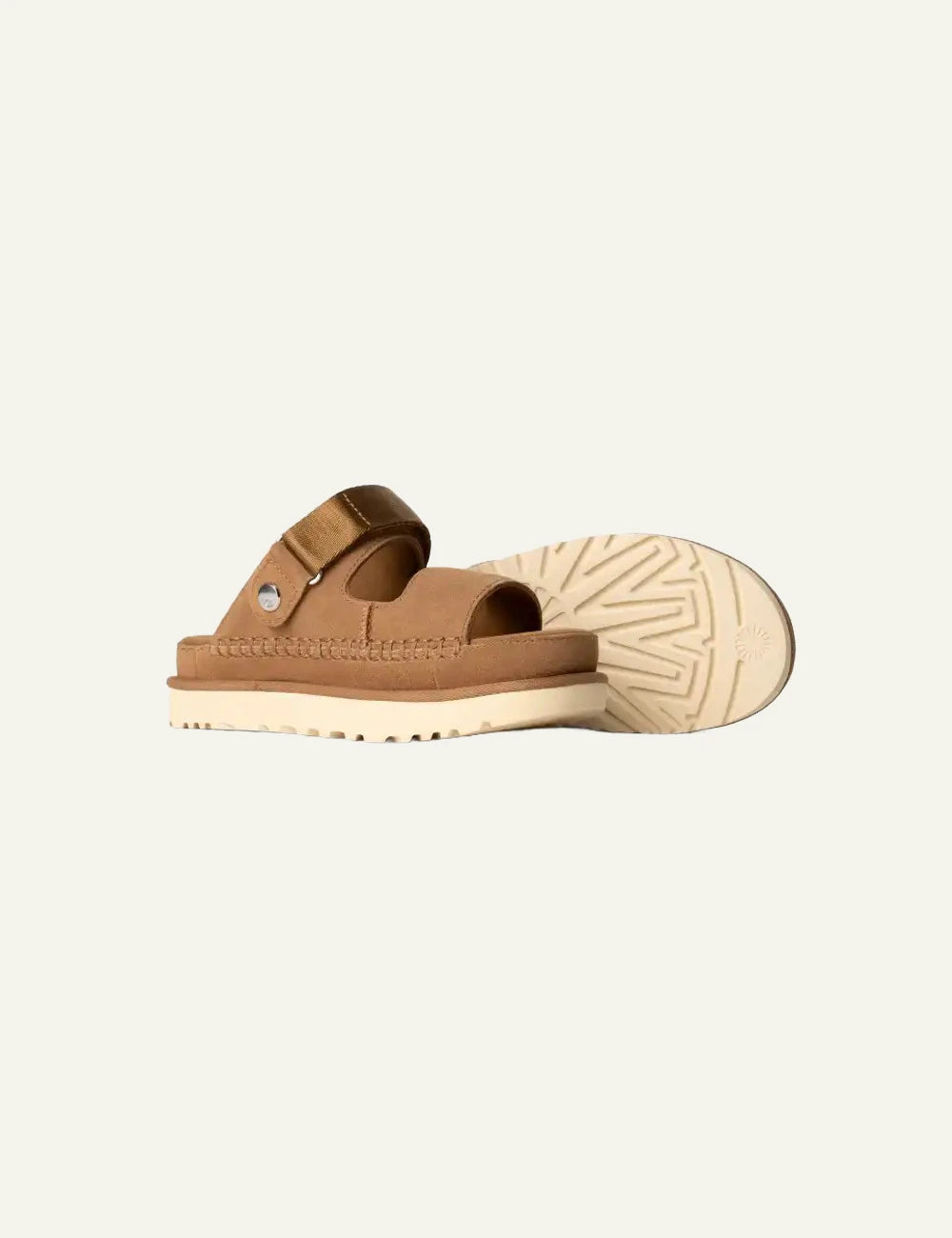 UGG suede sandal chestnut angled view with adjustable heel strap