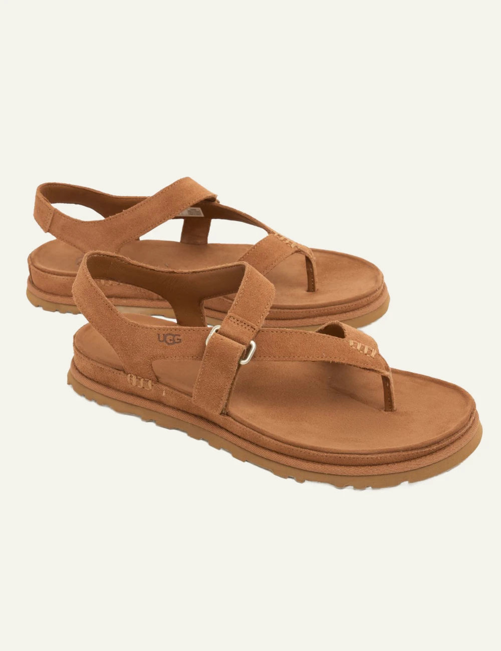 ugg suede sandal chestnut cross strap flat profile view