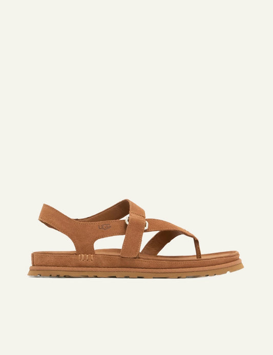 ugg suede sandal chestnut cross strap flat side view
