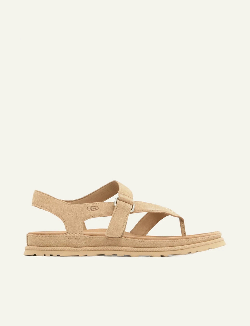 ugg suede sandal sand cross strap flat side view