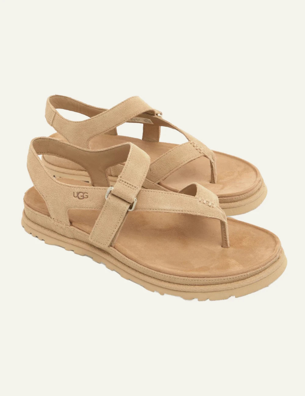 ugg suede sandal sand cross strap flat profile view