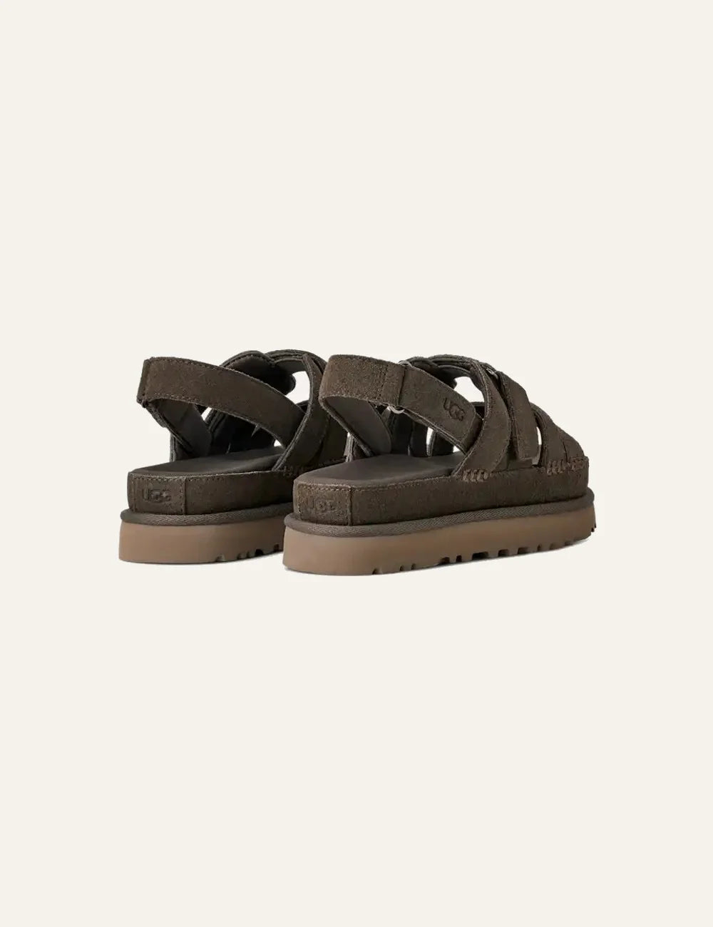 UGG suede sandals in dark brown with adjustable velcro straps back pair view