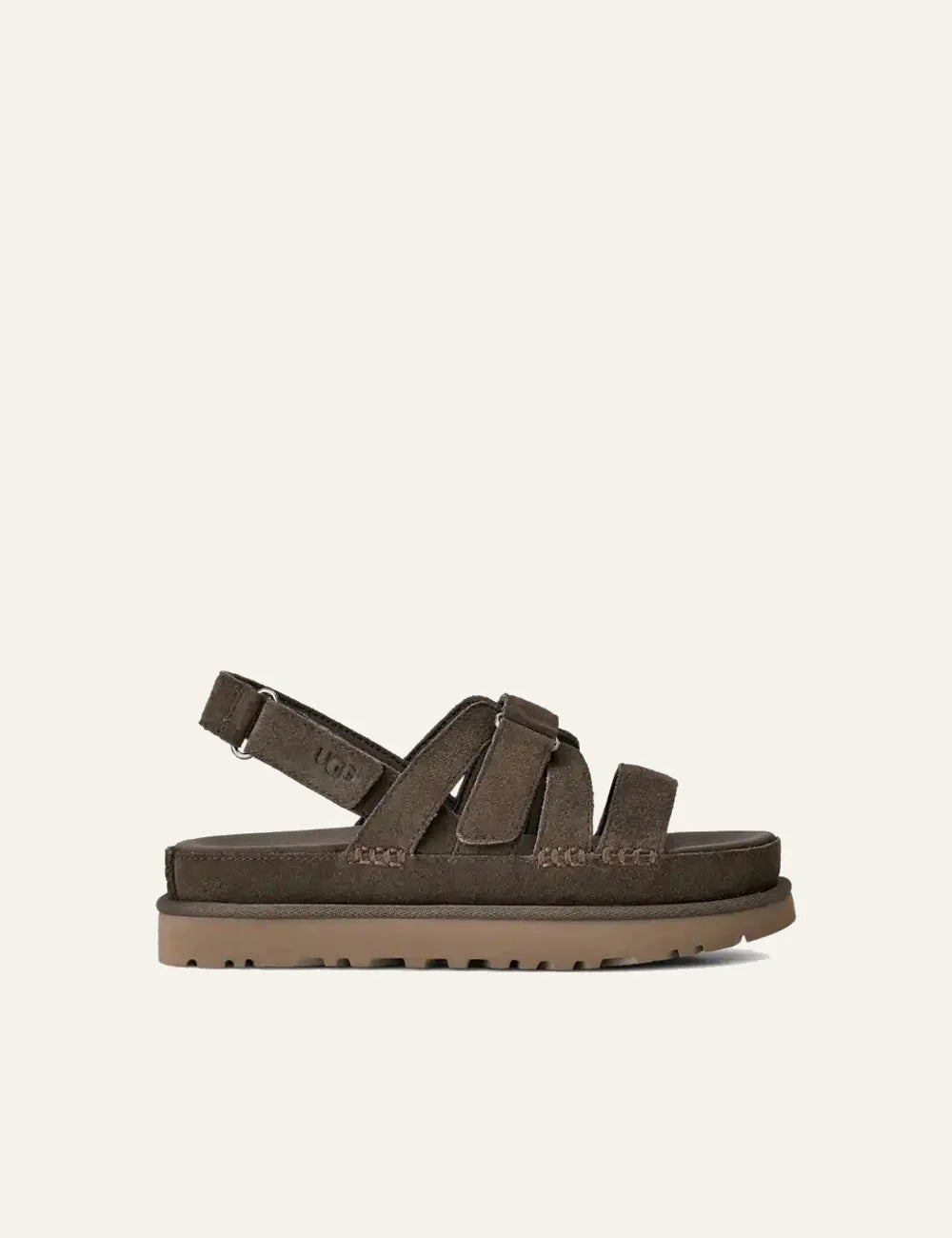 UGG suede sandals in dark brown with adjustable velcro straps side view