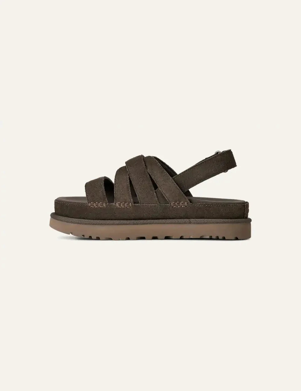 UGG suede sandals in dark brown with adjustable velcro straps side view 2