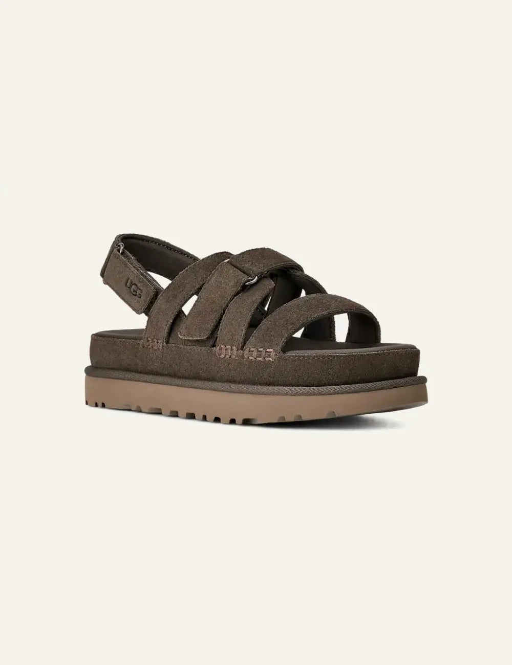 UGG suede sandals in dark brown with adjustable velcro straps side view 3