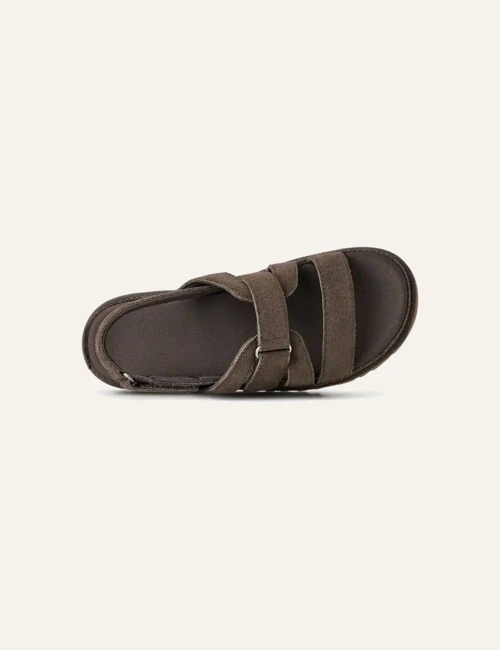UGG suede sandals in dark brown with adjustable velcro straps top view