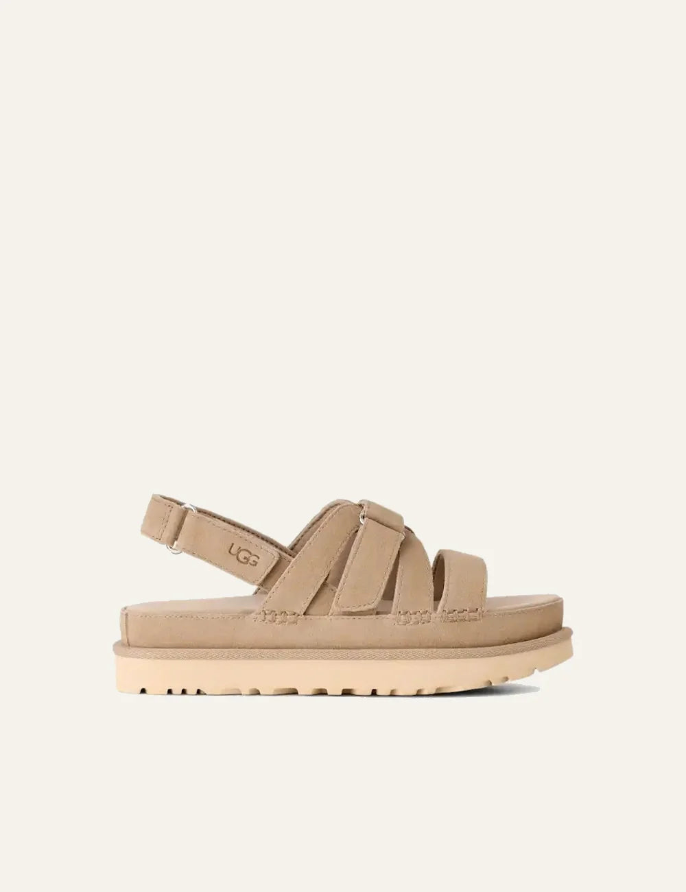 UGG suede sandals in sand beige with adjustable velcro straps side view