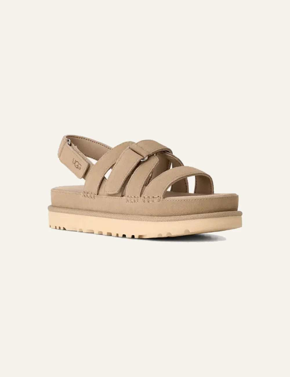UGG suede sandals in sand beige with adjustable velcro straps side view 2