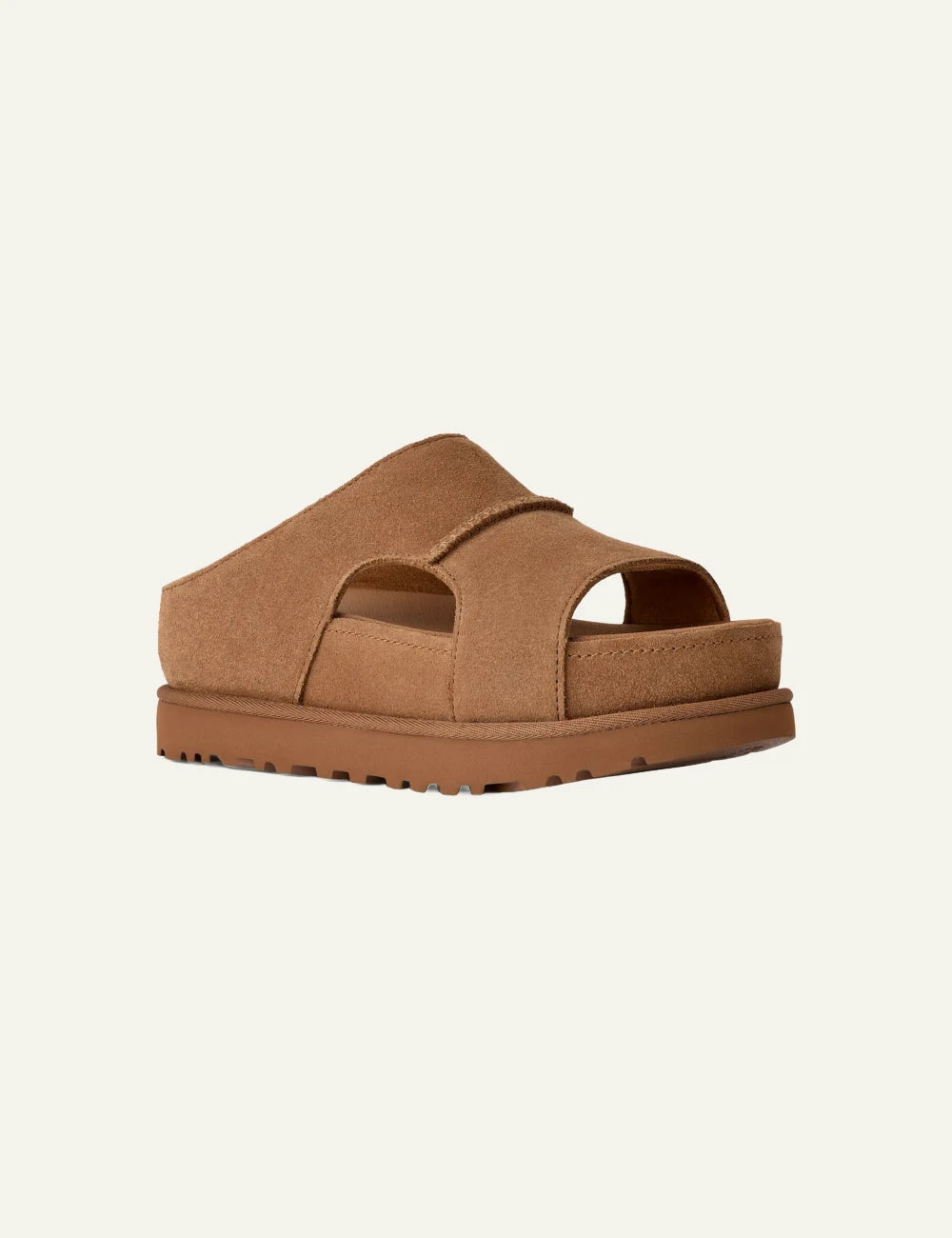 ugg suede slide sandal chestnut platform angled view