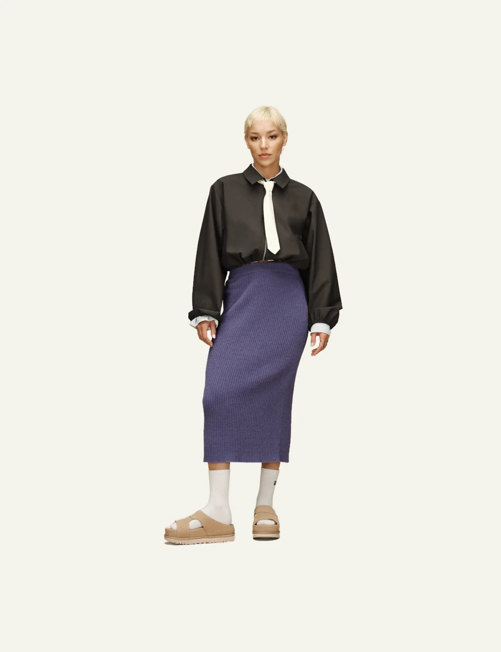 ugg suede slide sandal sand platform front model view