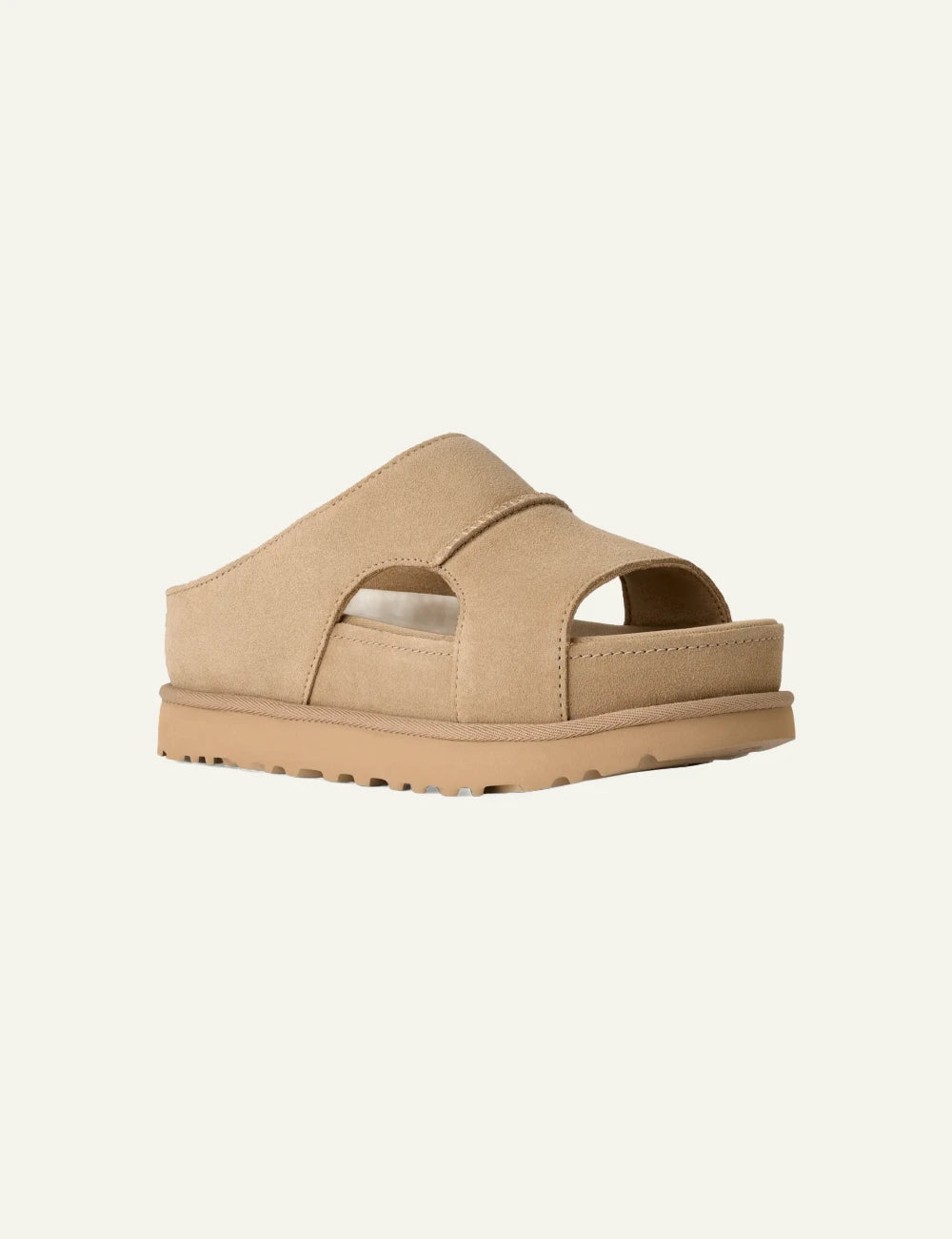 ugg suede slide sandal sand platform angled view