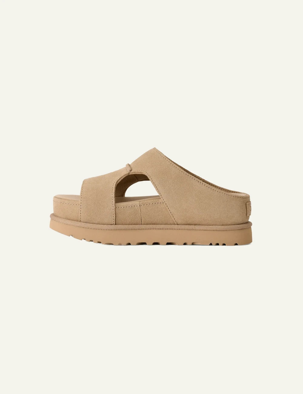 ugg suede slide sandal sand platform profile view