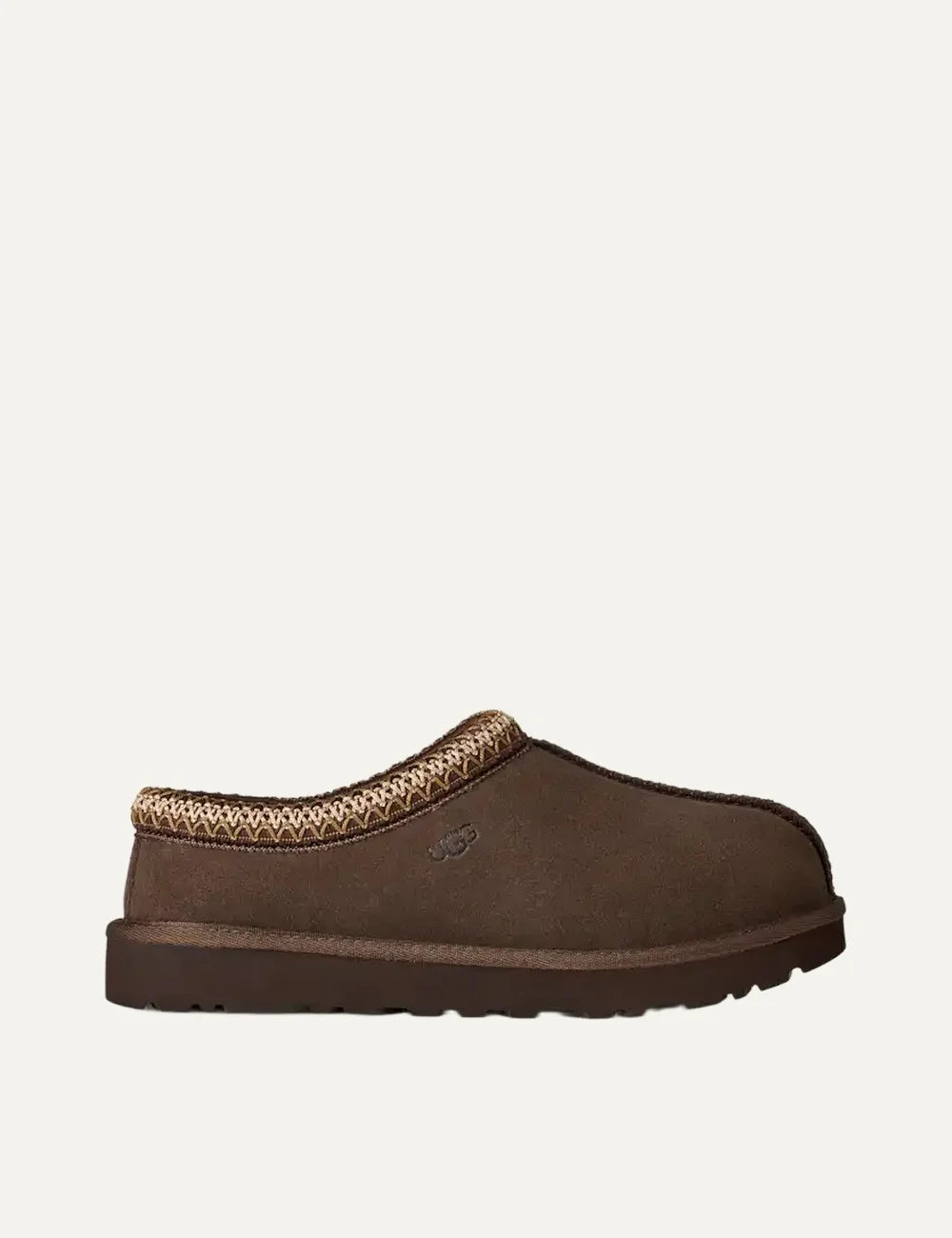 UGG Tasman II dark brown suede slippers with beige woven collar trim, sheepskin lining and chunky brown sole.