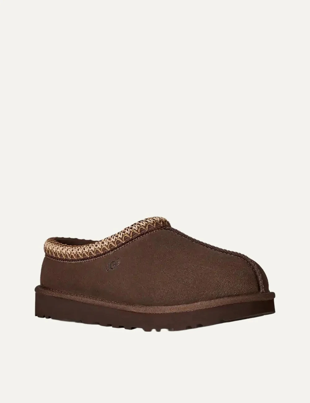 UGG Tasman II dark brown suede slippers with beige woven collar trim, sheepskin lining and chunky brown sole angled