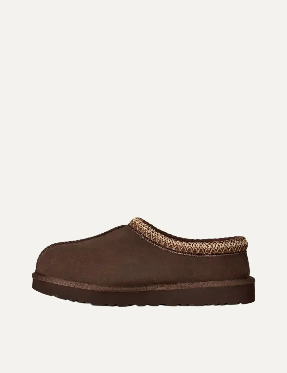UGG Tasman II dark brown suede slippers with beige woven collar trim, sheepskin lining and chunky brown profile