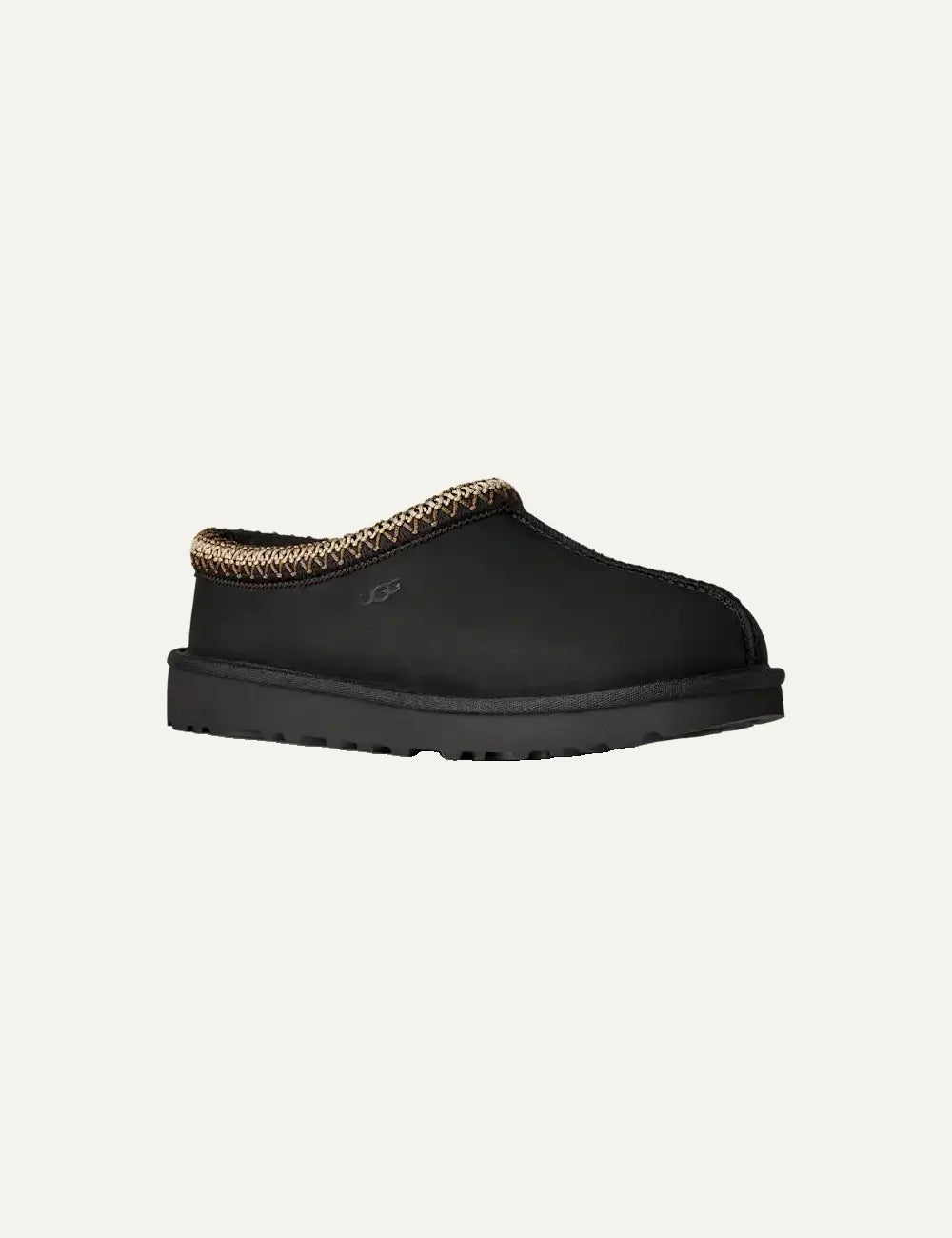 Unisex UGG Tasman Nubuck black slip-on shoes with nubuck upper, UGGbraid trim, sheepskin lining and Sugarcane EVA footbed angled