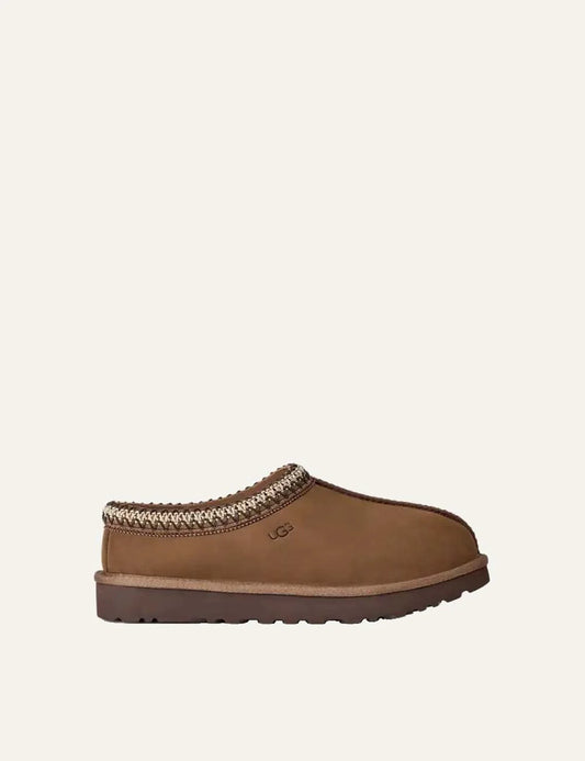 Unisex UGG Tasman Nubuck brown slip-on shoes with nubuck upper, UGGbraid trim, sheepskin lining and Sugarcane EVA footbed