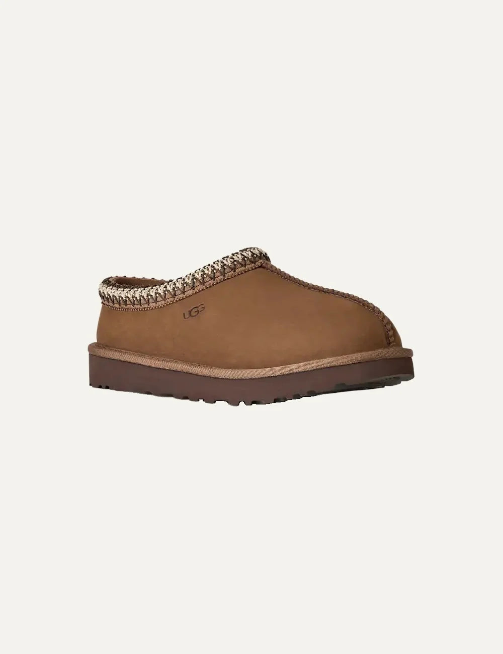 Unisex UGG Tasman Nubuck brown slip-on shoes with nubuck upper, UGGbraid trim, sheepskin lining and Sugarcane EVA footbed angled