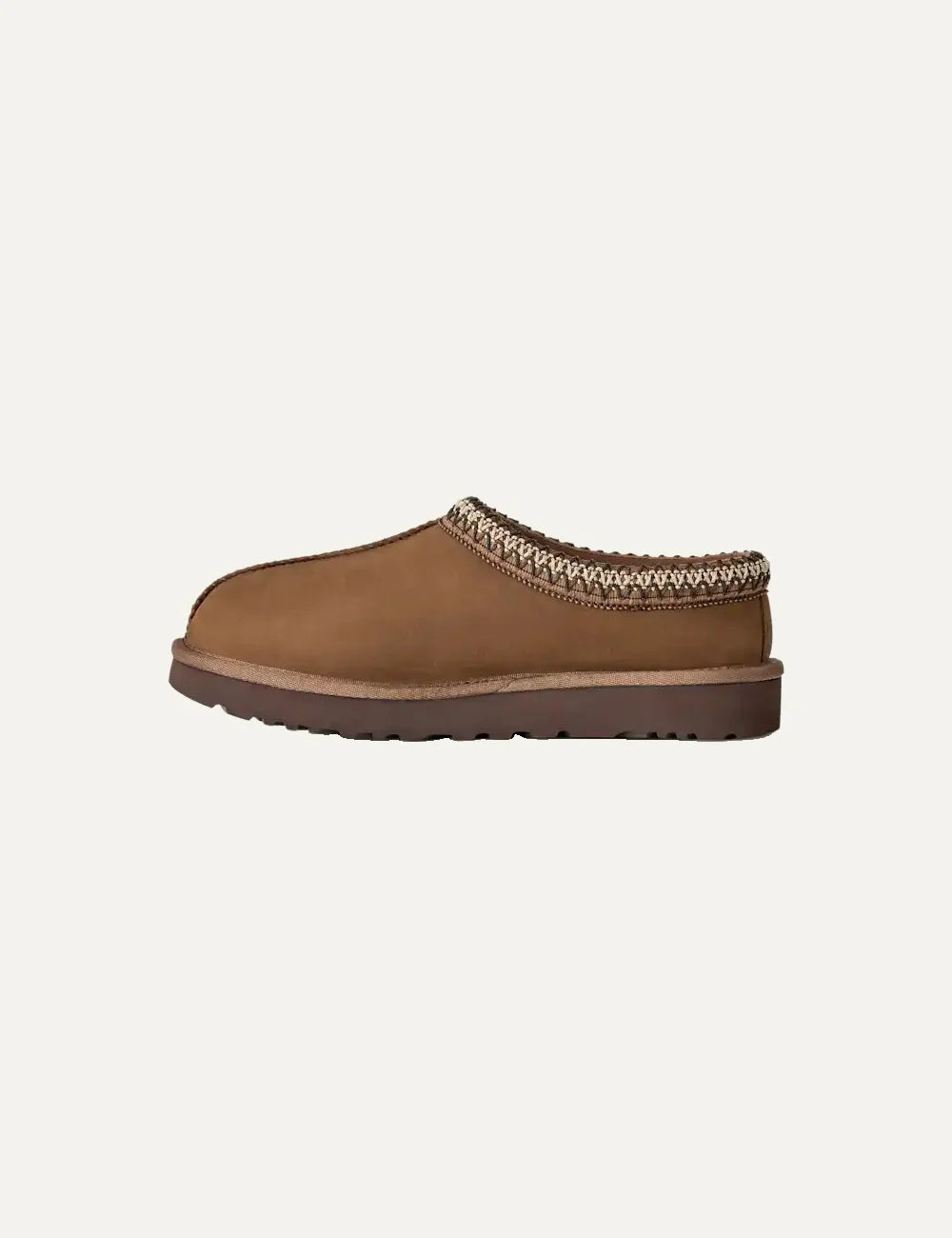Unisex UGG Tasman Nubuck brown slip-on shoes with nubuck upper, UGGbraid trim, sheepskin lining and Sugarcane EVA footbed profile