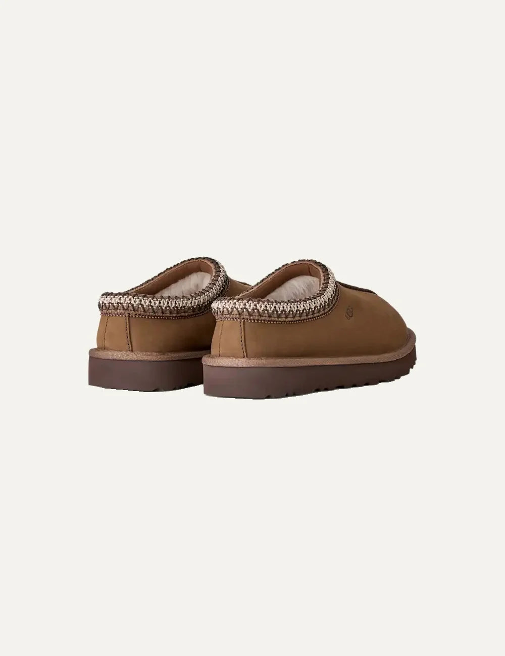 Unisex UGG Tasman Nubuck brown slip-on shoes with nubuck upper, UGGbraid trim, sheepskin lining and Sugarcane EVA footbed back