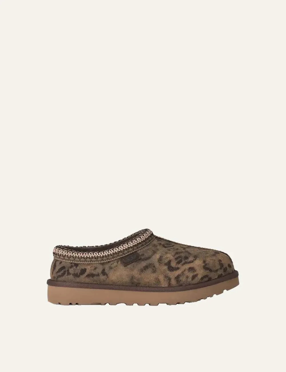 Unisex UGG Tasman Spotted brown suede shoes with distressed animal print, UGGbraid trim, sheepskin lining and Sugarcane EVA footbed