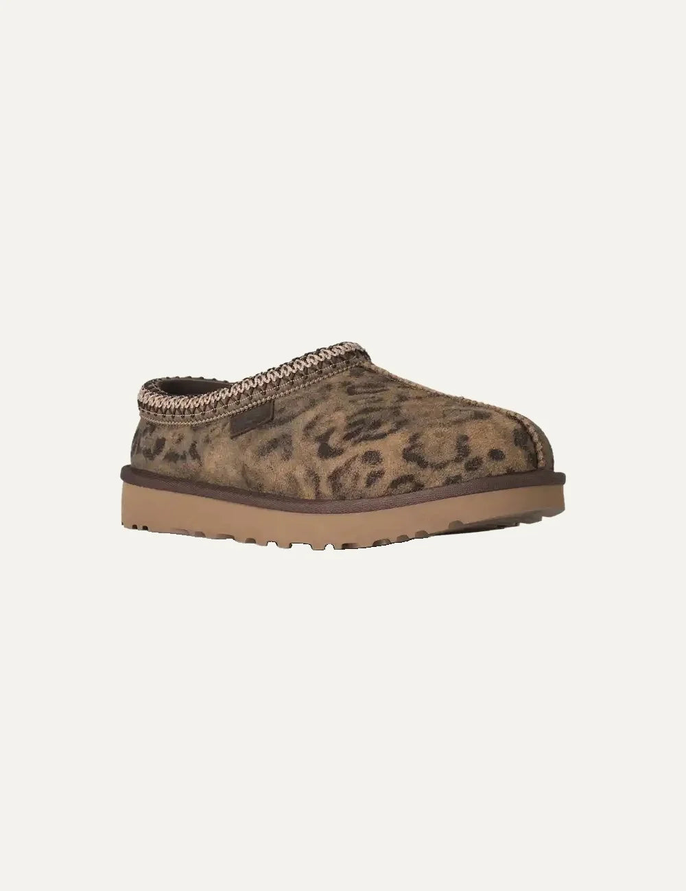 Unisex UGG Tasman Spotted brown suede shoes with distressed animal print, UGGbraid trim, sheepskin lining and Sugarcane EVA footbed angled
