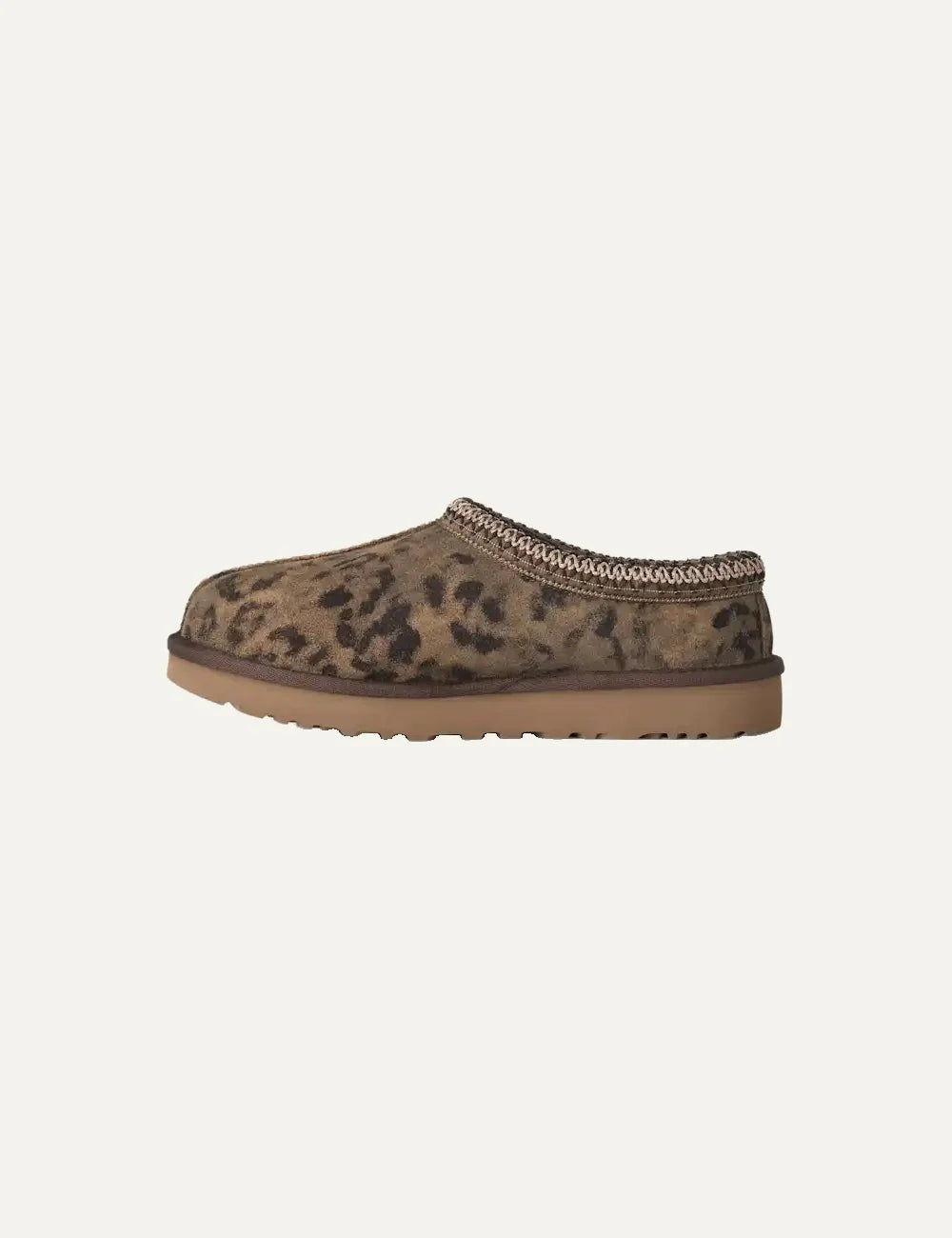 Unisex UGG Tasman Spotted brown suede shoes with distressed animal print, UGGbraid trim, sheepskin lining and Sugarcane EVA footbed profile