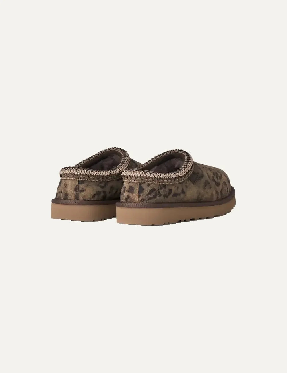 Unisex UGG Tasman Spotted brown suede shoes with distressed animal print, UGGbraid trim, sheepskin lining and Sugarcane EVA footbed back
