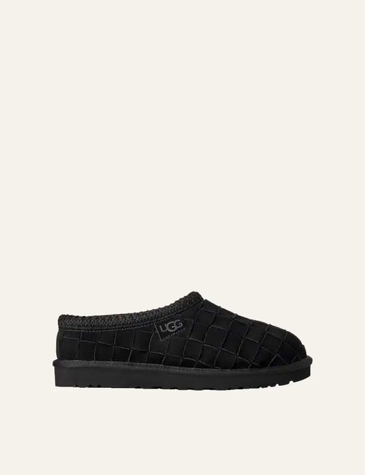 Unisex UGG Tasman Woven black suede slippers with hand-woven upper, UGGbraid collar and sheepskin lining