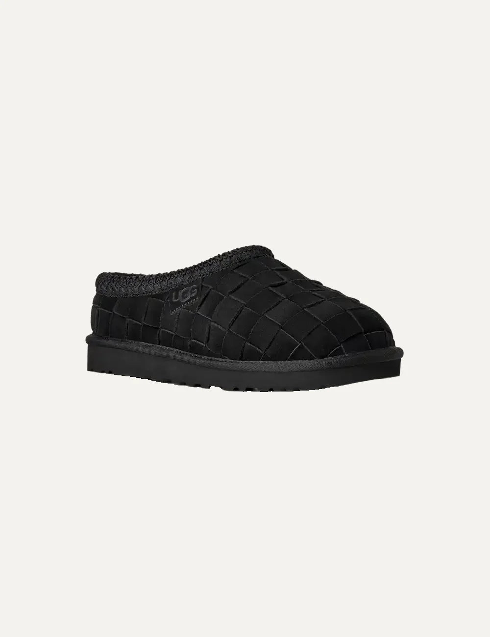 Unisex UGG Tasman Woven black suede slippers with hand-woven upper, UGGbraid collar and sheepskin lining angled