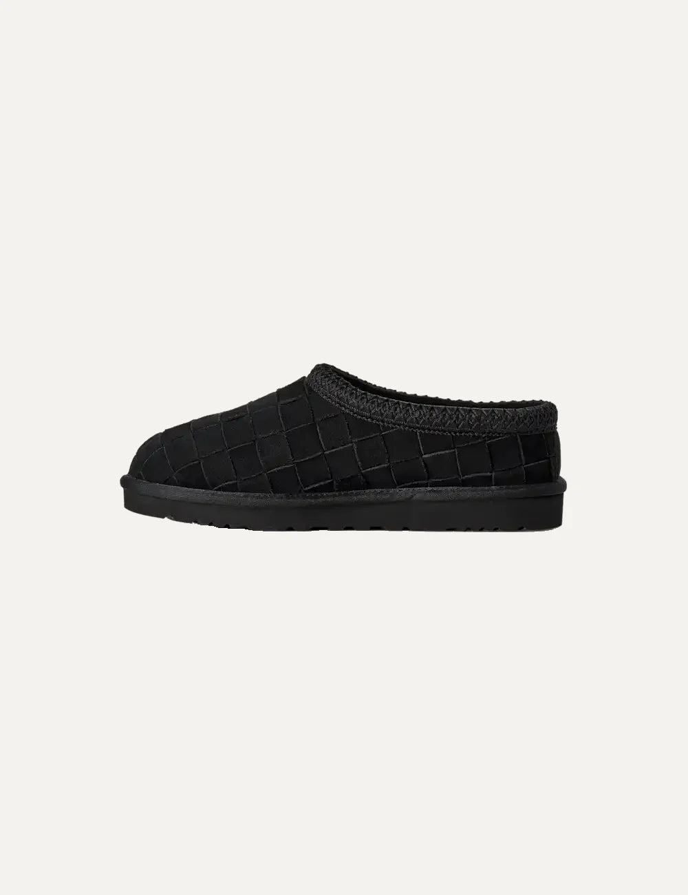 Unisex UGG Tasman Woven black suede slippers with hand-woven upper, UGGbraid collar and sheepskin lining profile