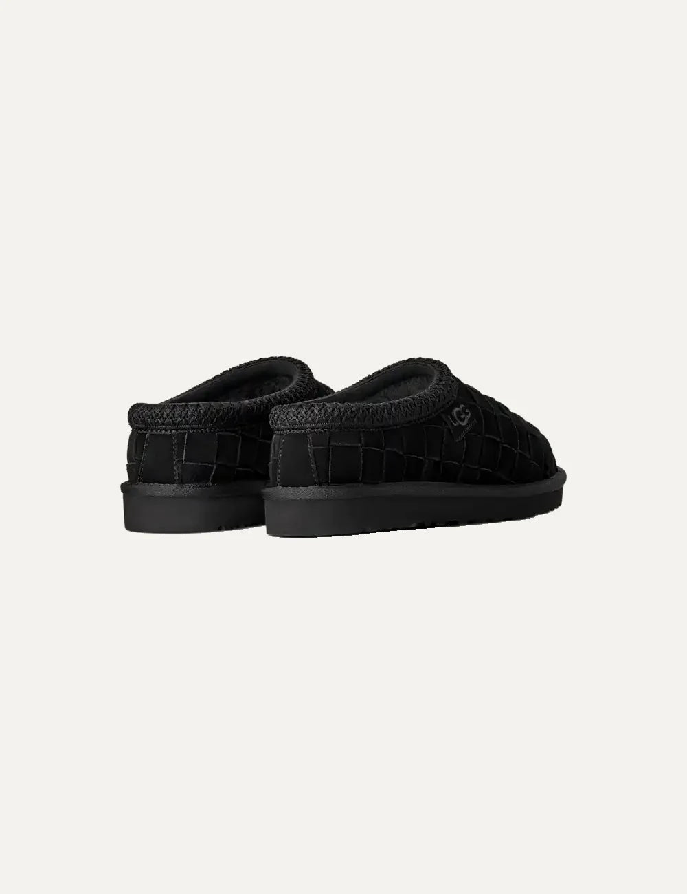 Unisex UGG Tasman Woven black suede slippers with hand-woven upper, UGGbraid collar and sheepskin lining back