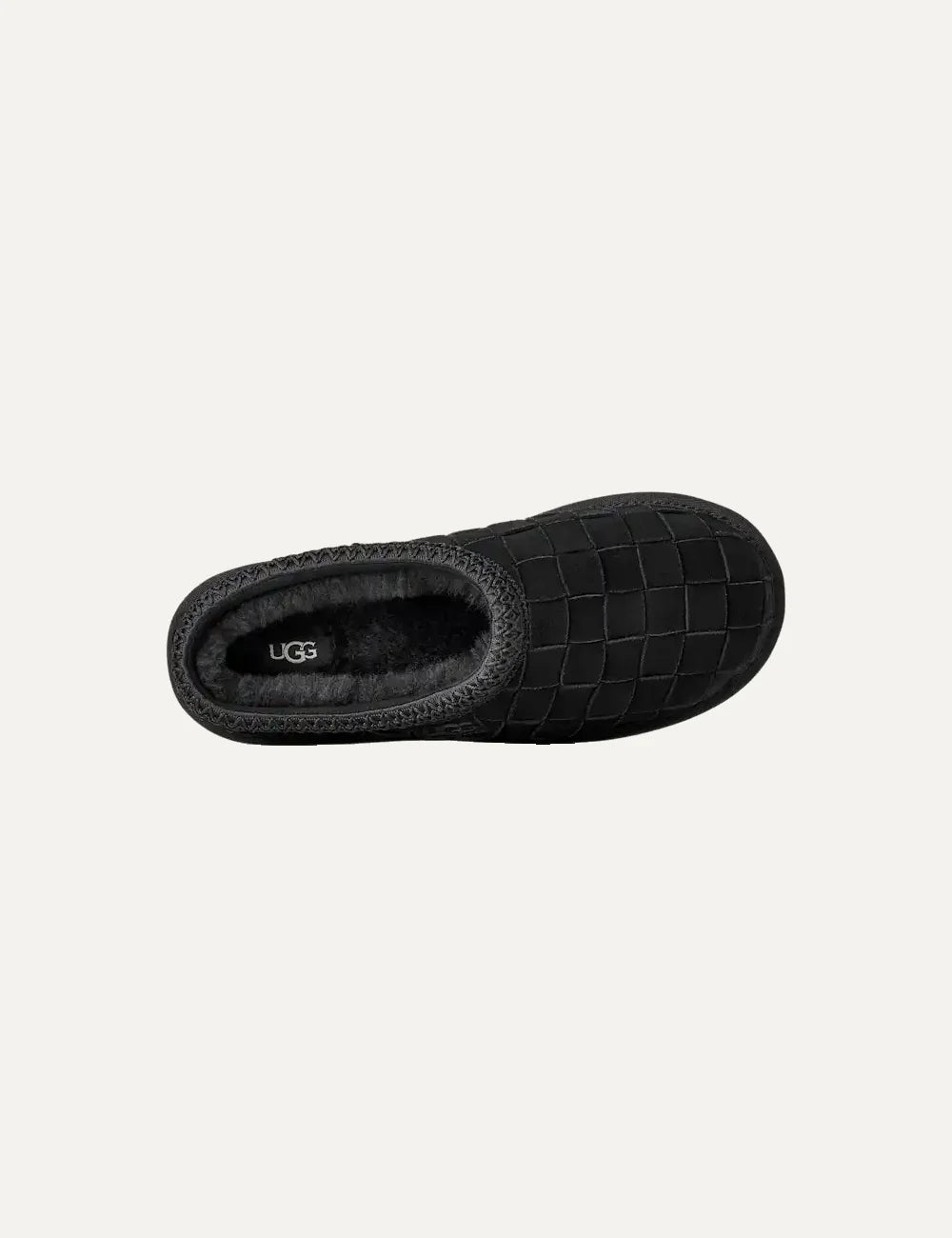 Unisex UGG Tasman Woven black suede slippers with hand-woven upper, UGGbraid collar and sheepskin lining top