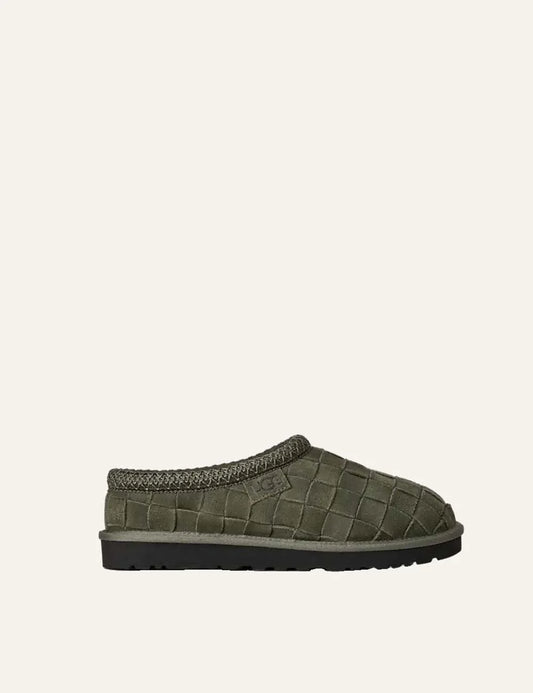 Unisex UGG Tasman Woven green suede slippers with hand-woven upper, UGGbraid collar and sheepskin lining