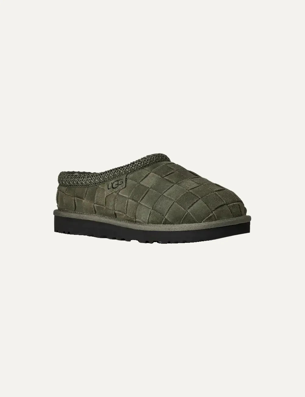 Unisex UGG Tasman Woven green suede slippers with hand-woven upper, UGGbraid collar and sheepskin lining angled