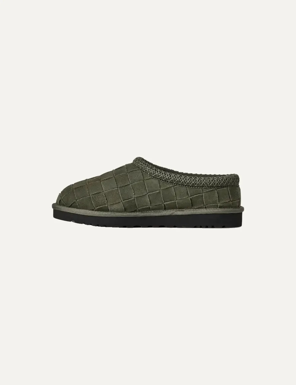 Unisex UGG Tasman Woven green suede slippers with hand-woven upper, UGGbraid collar and sheepskin lining profile
