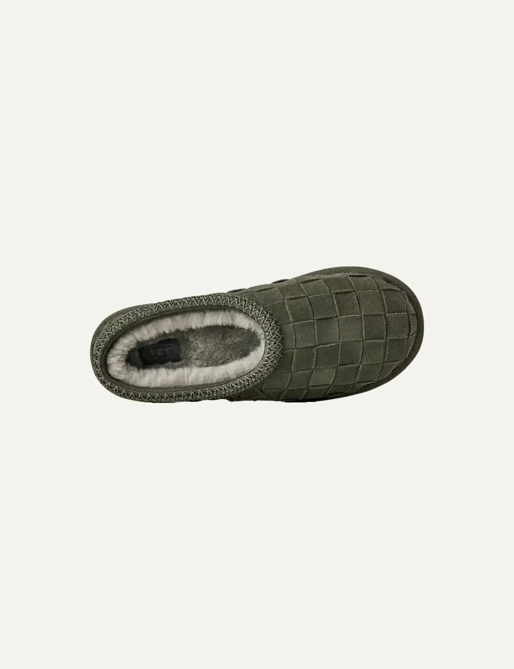 Unisex UGG Tasman Woven green suede slippers with hand-woven upper, UGGbraid collar and sheepskin lining top