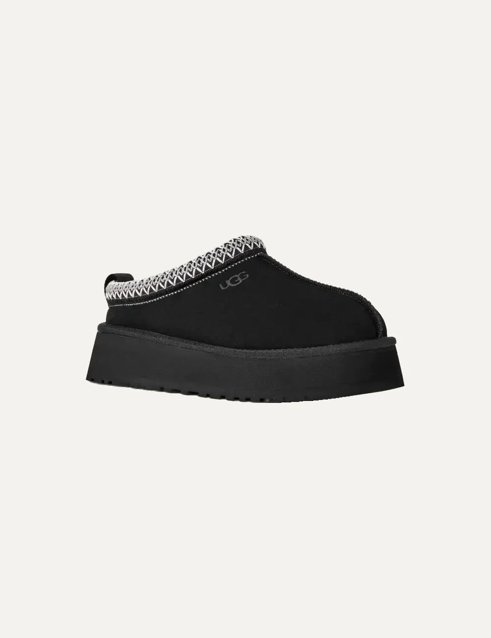 Unisex UGG Tazz II black suede platform shoes with contrast UGGbraid trim, sheepskin lining and Sugarcane EVA outsole angled