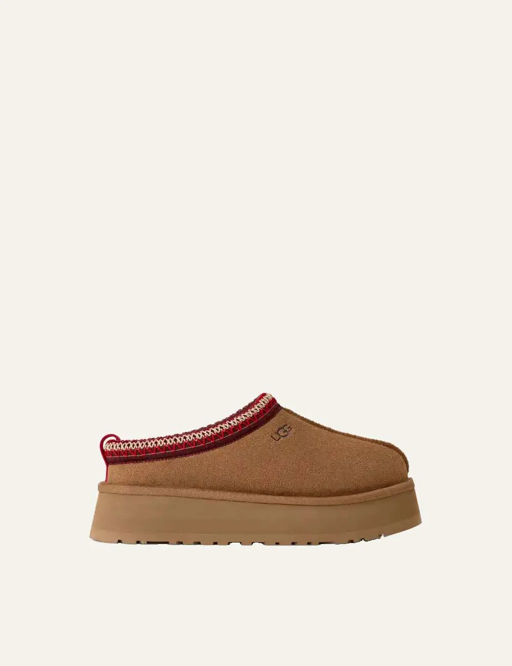 Unisex UGG Tazz II brown suede platform shoes with red UGGbraid trim, sheepskin lining and Sugarcane EVA outsole