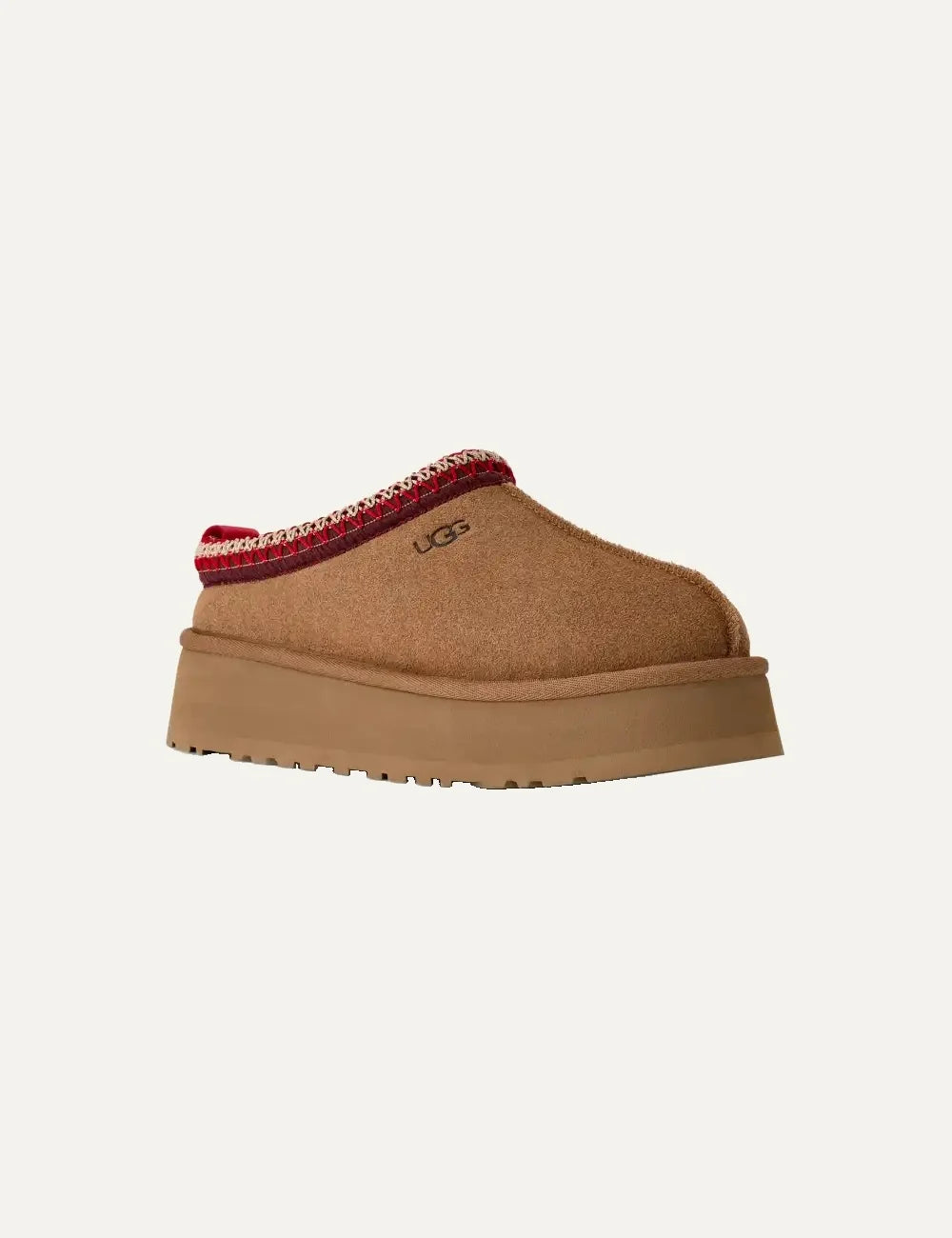 Unisex UGG Tazz II brown suede platform shoes with red UGGbraid trim, sheepskin lining and Sugarcane EVA outsole angled