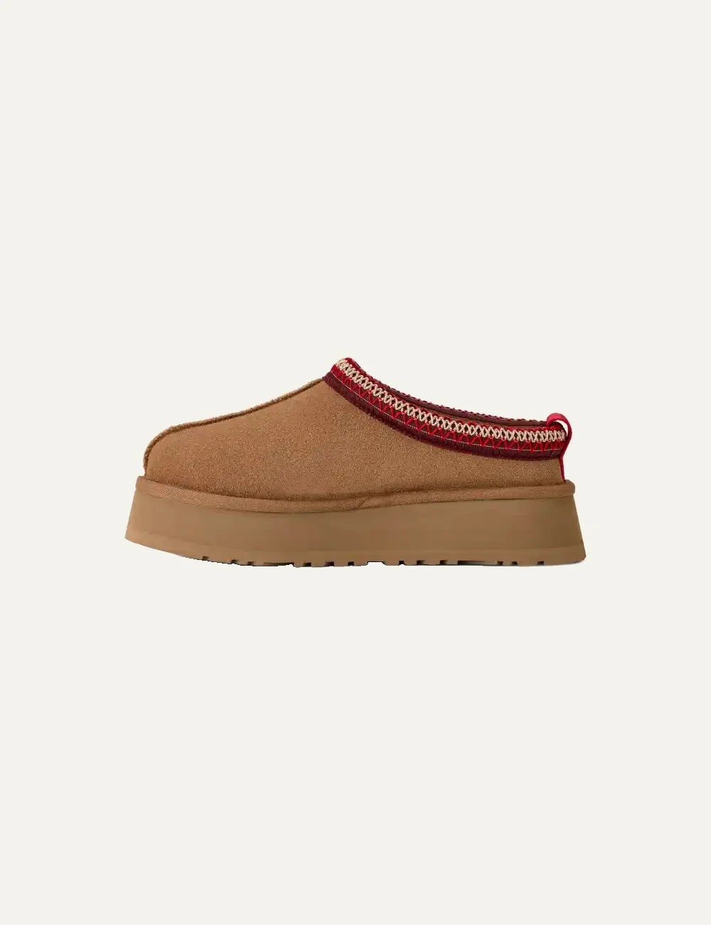 Unisex UGG Tazz II brown suede platform shoes with red UGGbraid trim, sheepskin lining and Sugarcane EVA outsole profile